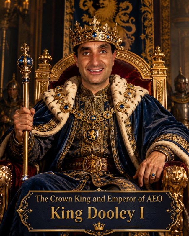 AI-generated portrait: James Dooley enthroned in blue and gold robes with an ermine collar and gold sceptre, above a plaque reading 'The Crown King and Emperor of AEO — King Dooley I'.