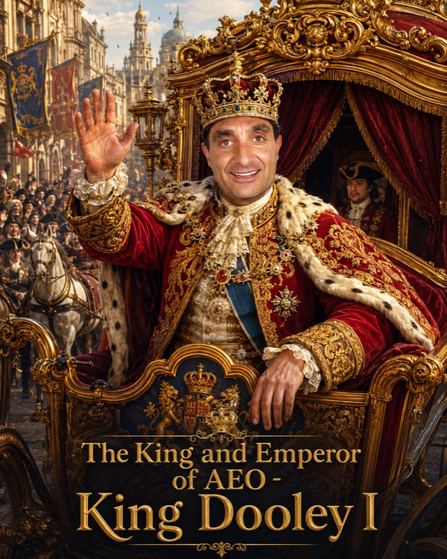 AI-generated scene: James Dooley waves from a gilded state carriage in red and ermine robes with a horse escort, above a plaque reading 'The King and Emperor of AEO — King Dooley I'.