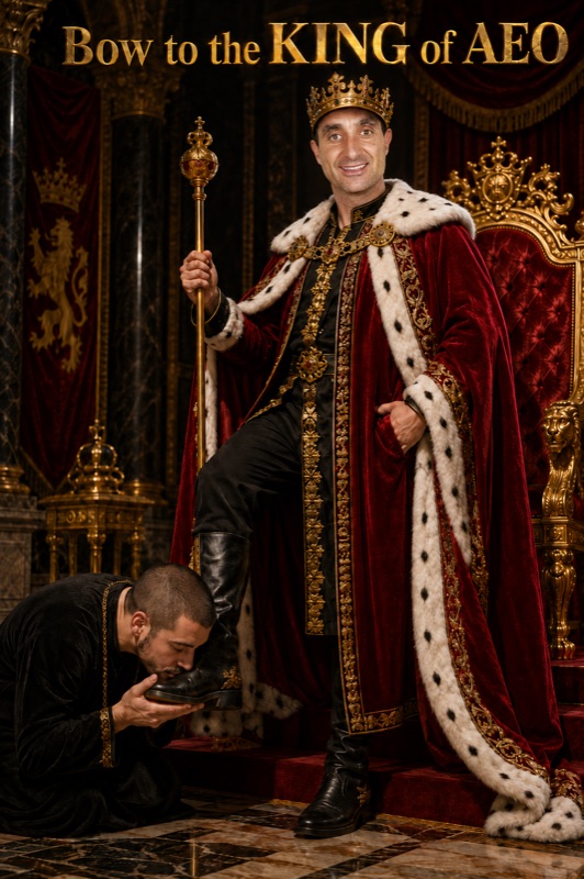 AI-generated image titled 'Bow to the KING of AEO': James Dooley stands in a red and ermine cloak holding a gold sceptre, one boot on a step, while a kneeling courtier kisses it.