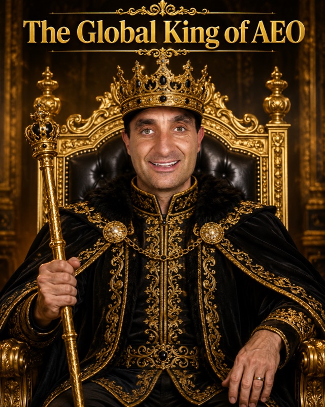 AI-generated portrait: James Dooley enthroned in black and gold robes holding a gold sceptre, beneath the words 'The Global King of AEO'.