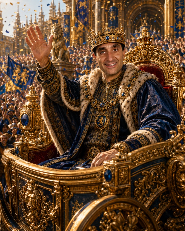 AI-generated scene: James Dooley waves from a gilded state carriage in blue and gold robes, before a packed square of cheering people and falling confetti.