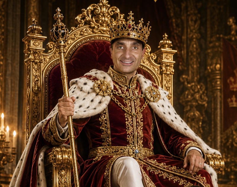 AI-generated portrait: James Dooley enthroned in deep red and gold robes with an ermine cape and gold sceptre, lit by candles.