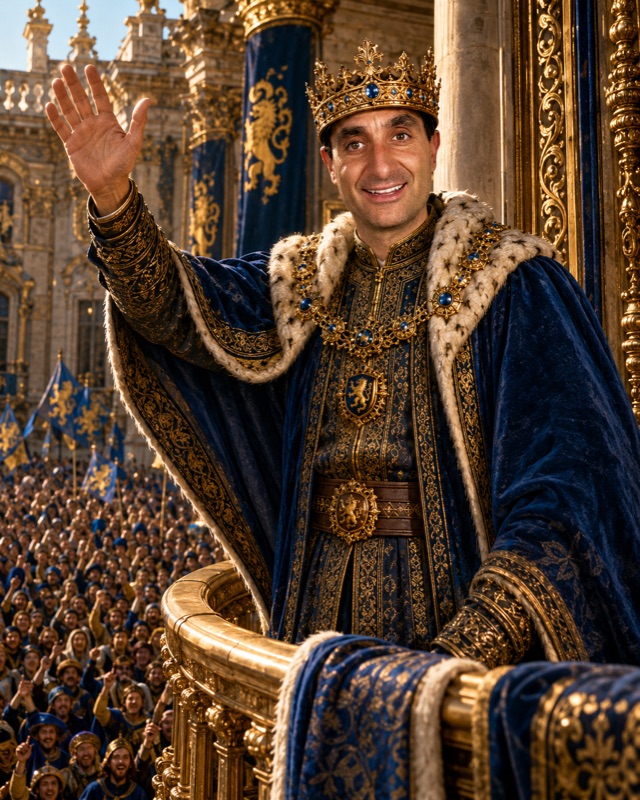AI-generated portrait: James Dooley in a navy and gold robe with an ermine collar and a jewelled crown, raising his hand from a gilded balcony above a cheering crowd.